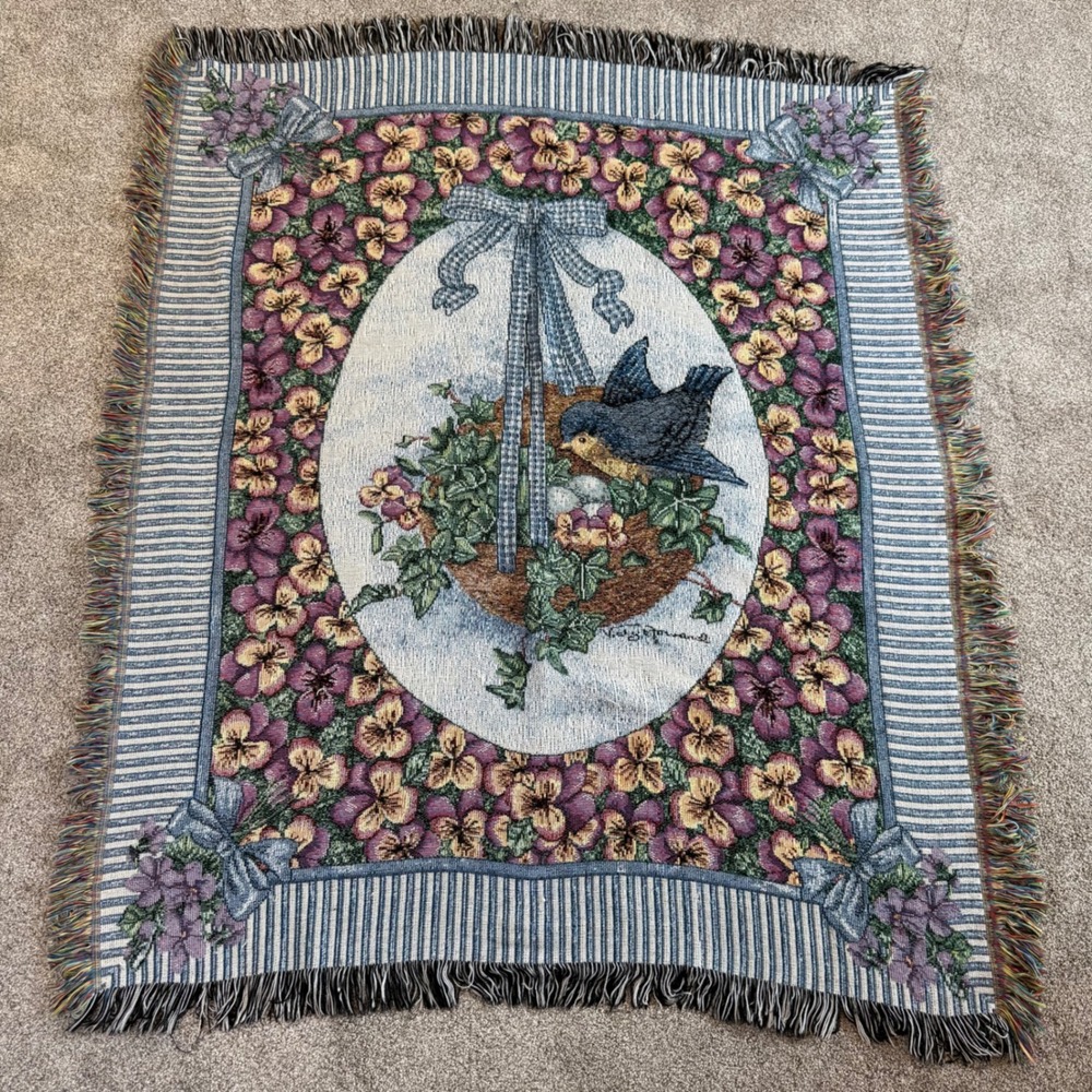 Vicky Howard Bluebird Pansy Woven Tapestry Throw Blanket Fringe Cottagecore Vtg